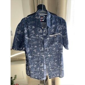 Born Fly Hawaii Pinup Print Blue Shirt Button Up Embroidered XL